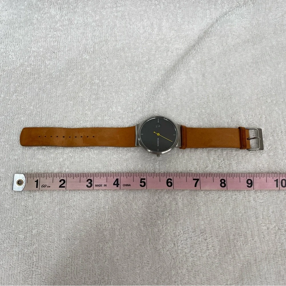 Skagen Men's Cognac Leather Ancher Gray Stainless Steel Adjustable Watch Classic